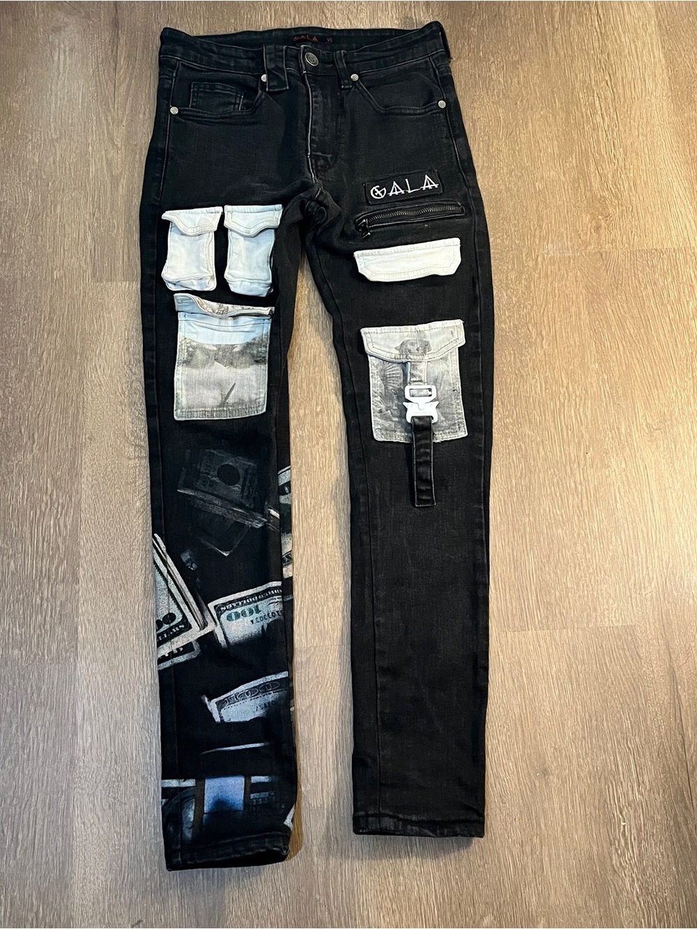GALA Black Cargo Denim Jeans Money Print W28 💸🖤